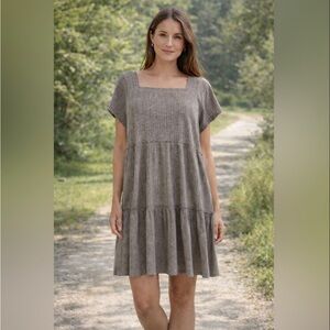 Natural Life Tiered Square Neck Babydoll Dress Size L Brown Boho Hippie Granola